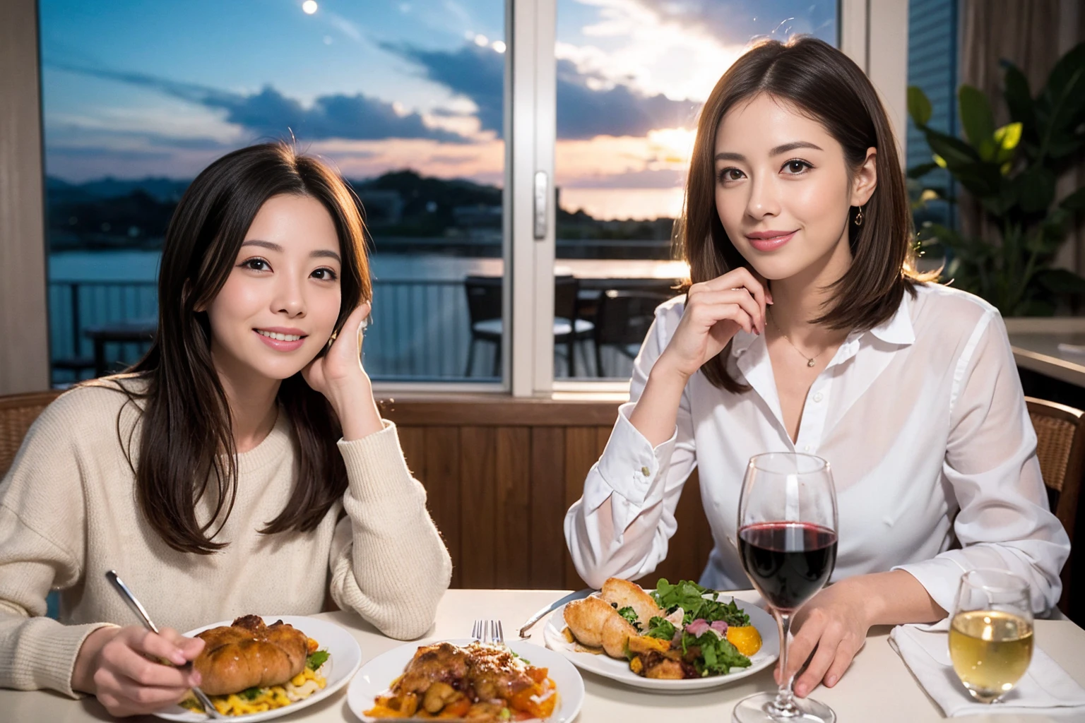 ((Highest quality、、masterpiece:1.3))、1 male 1 female、Satomi Ishihara、Beautiful couple、smile、full-course dinner、 (Slim face), (the body is スリム), (Brown Hair), (Shortcuts), ((Bob Hale、Straight hair:1.2)), テーブルの上のwine glass、Put the light on your face、 Amazing view of the sunset sky and clouds、smileの美しさ、Bright image、Blushing, Shortcuts, (43 years old), 39 years old, Appetizers、Italian food、Wine bottle、Champagne、sparkling wine、Long sleeve shirt、dress、Attractive beauty、restaurant, Nova Frog Style, actress, model, Upper Body, White wine, red wine, wine glass, 