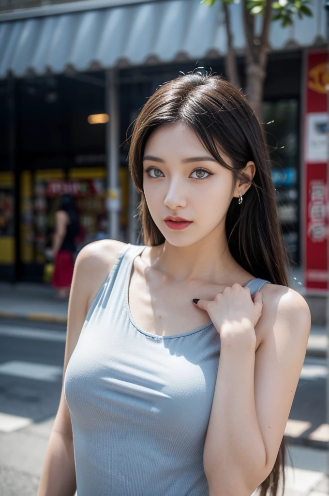 (((A woman posing on a street corner in a light blue sleeveless dress)))、shiny smooth light brown hair, Beautiful sky with details、earrings、(dynamicposes:1.2)、 (The upper part of the body:0.8)、Soft lighting、the wind、glowy skin、a smile、,(eyeshadows:1.3),(eye line:1.3),(mascara:1.3),(Red cheeks:1.3),(Sexy Lipstick:1.1),K-pop idols、hposing Gravure Idol、cowboy shot、(((gal)))、no dress,nude, bra and bikini