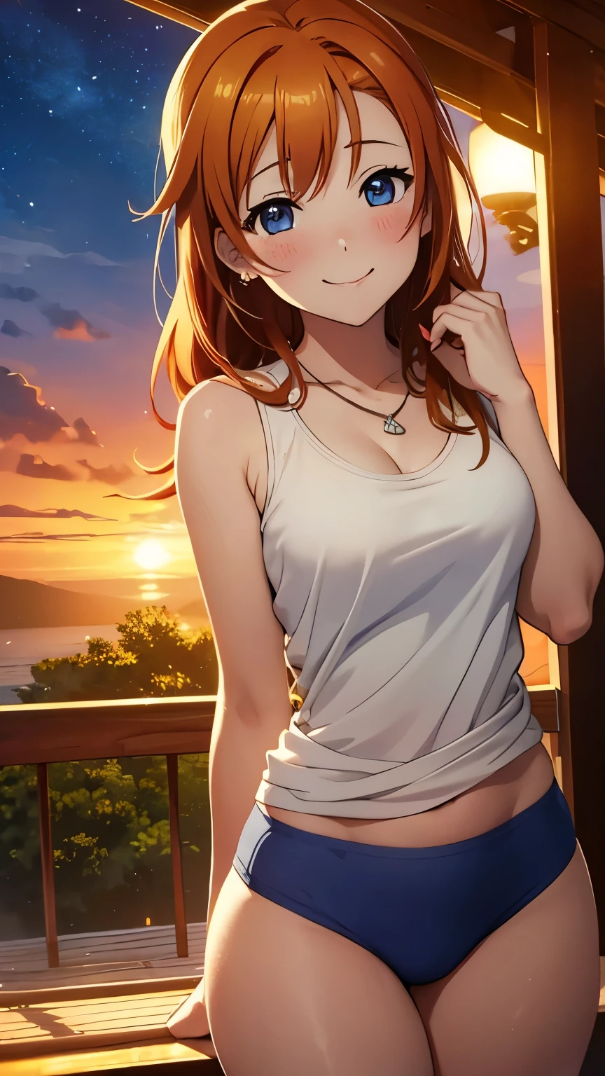 (Masterpiece, Best Quality, High quality), kousaka honoka, orange hair, low ponytail, blue eyes, illustration, beautiful, Blushing, breasts, (looking back at viewer), galaxy printed tank top, yoga pants, solo, curvy body, star print, confident, seductive smile, (arms behind back, head tilt:1.1), heart pendant, perfect lighting, perfect shadows, (breathtaking scenery:1.1), tree, blushing