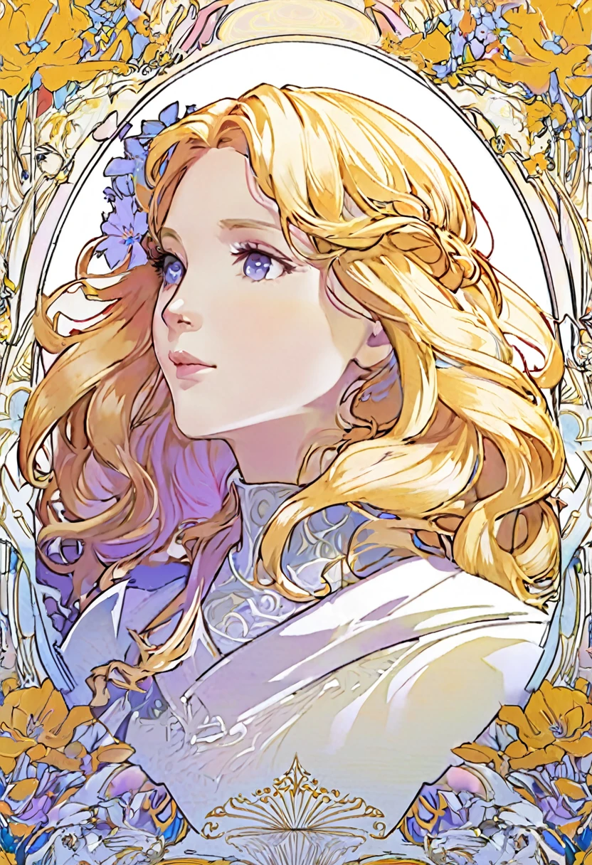 European women's face portrait, long curly hair, blonde, floral frame, decorative panel, abstract
Art by Alphonse Mucha, sketch, character lines and scenes without colors and shadows. Detailed, Intricate Details, color splashes, line art, Fibonacci