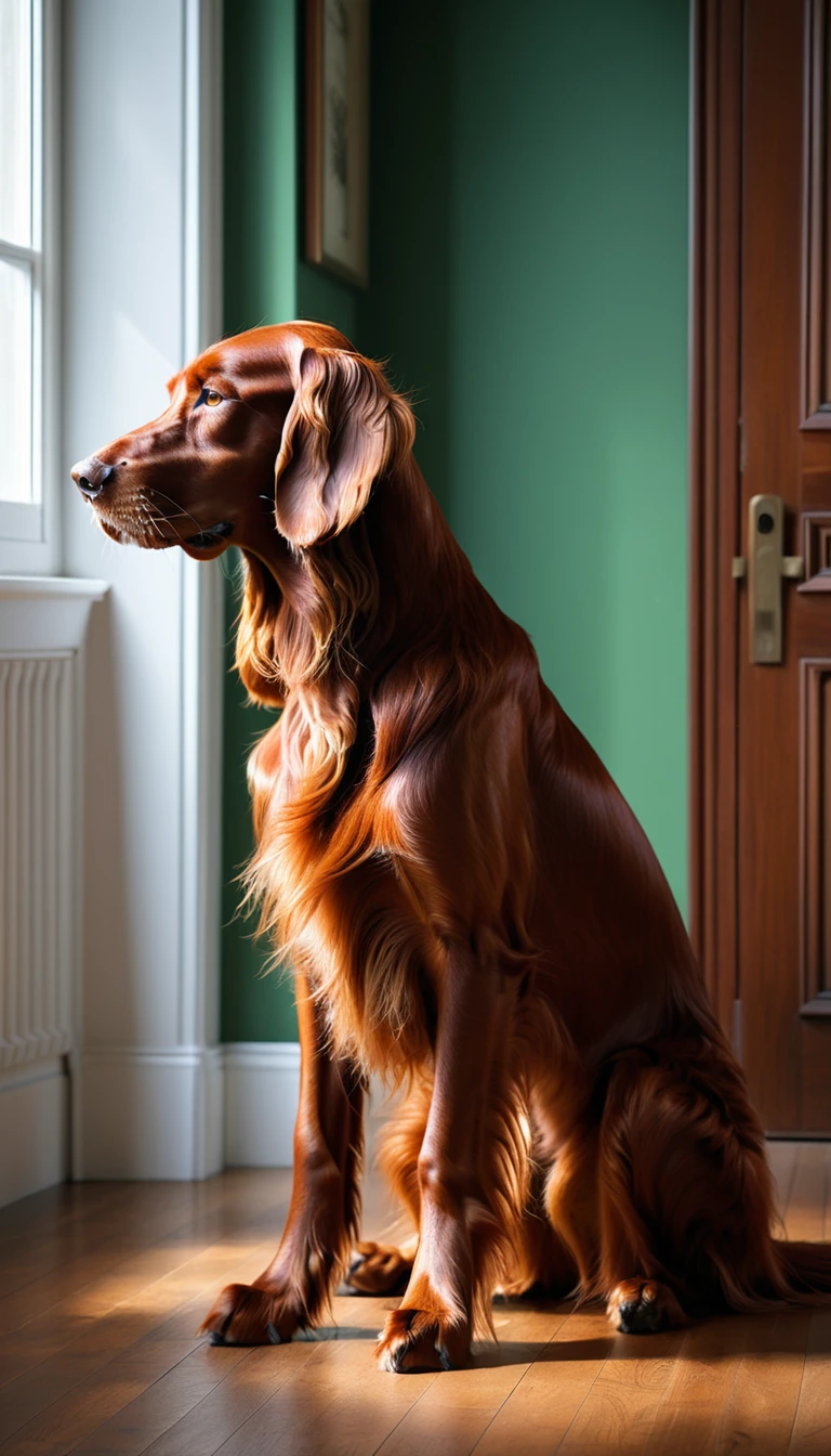 There is no one, realistic photo, photo realism, realism, irish setter (Irish Setter), perfect composition, intricate details, Very sharp, masterpiece, profile, high resolution, looking at the viewer, Full body photo in a comfortable atmosphere indoors
