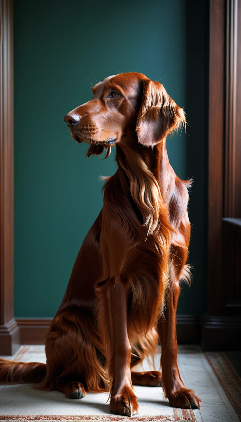 There is no one, realistic photo, photo realism, realism, irish setter (Irish Setter), perfect composition, intricate details, Very sharp, masterpiece, profile, high resolution, looking at the viewer, Full body photo in a comfortable atmosphere indoors