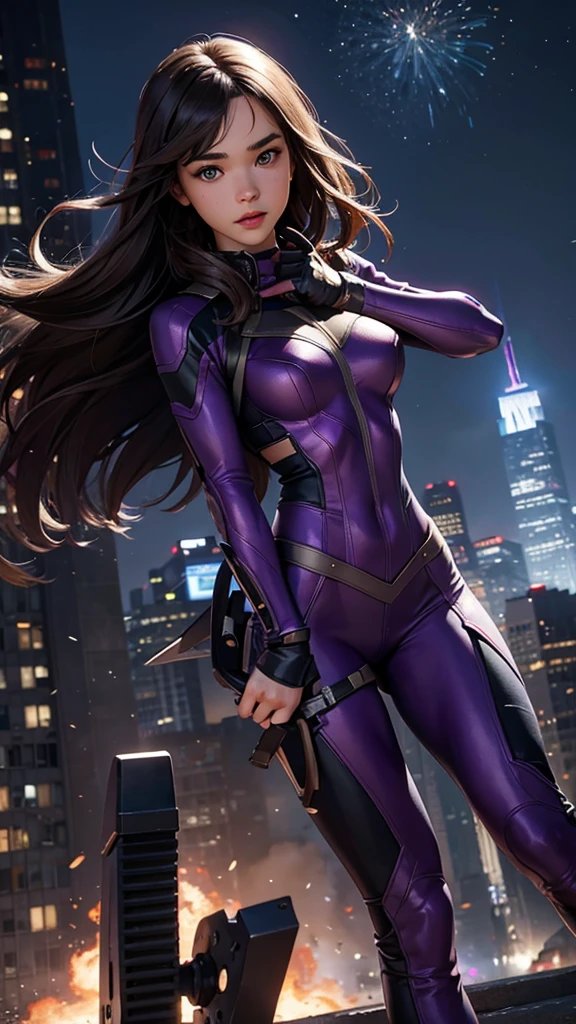 Kate Bishop, a young sexy woman with Hailee Steinfeld's face, skinny body, powerful, beautiful, marvel avenger, wearing a classic sexy superhero suit, holding a bow, fighting in a battle against an alien invasion in new york city with tall buildings and the avengers tower in the background, explosions and destruction all around, highly realistic, 4k, maximum detail, photorealistic