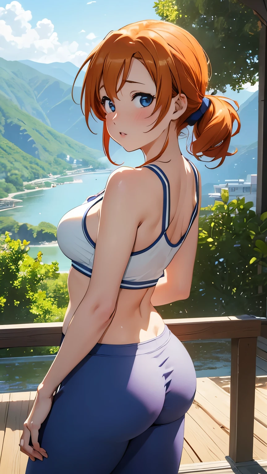 (Masterpiece, Best Quality, High quality), kousaka honoka, orange hair, low ponytail, blue eyes, illustration, beautiful, Blushing, breasts, (looking back at viewer), tank top, yoga pants, solo, curvy body, surprised, lips parted, (arms behind back, head tilt:1.1), heart pendant, perfect lighting, perfect shadows, (breathtaking scenery:1.1), tree