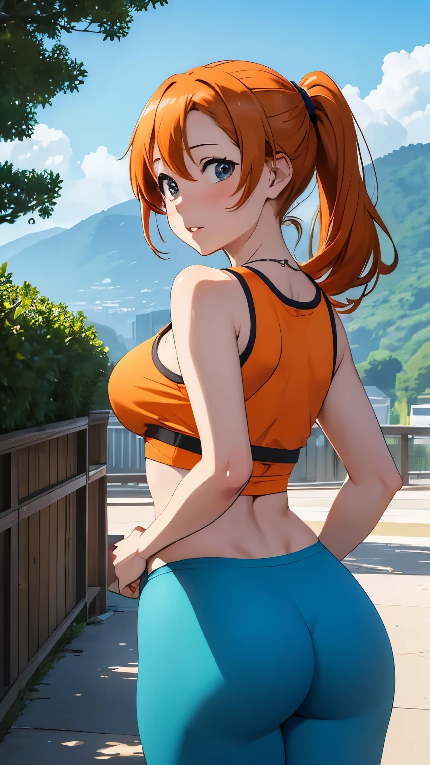 (Masterpiece, Best Quality, High quality), kousaka honoka, orange hair, low ponytail, blue eyes, illustration, beautiful, Blushing, breasts, (looking back at viewer), tank top, yoga pants, solo, curvy body, surprised, lips parted, (arms behind back, head tilt:1.1), heart pendant, perfect lighting, perfect shadows, (breathtaking scenery:1.1), tree