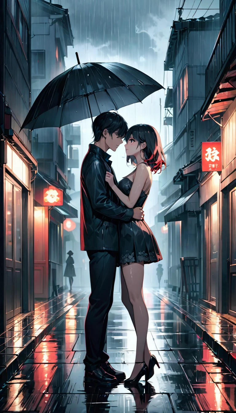 a couple gazing into each other's eyes under a grey-black umbrella on a rainy evening, beautiful detailed eyes and face, intimate romantic full body shot, moody atmospheric lighting, cinematic, dramatic, vibrant colors, high contrast, 8k, best quality, masterpiece