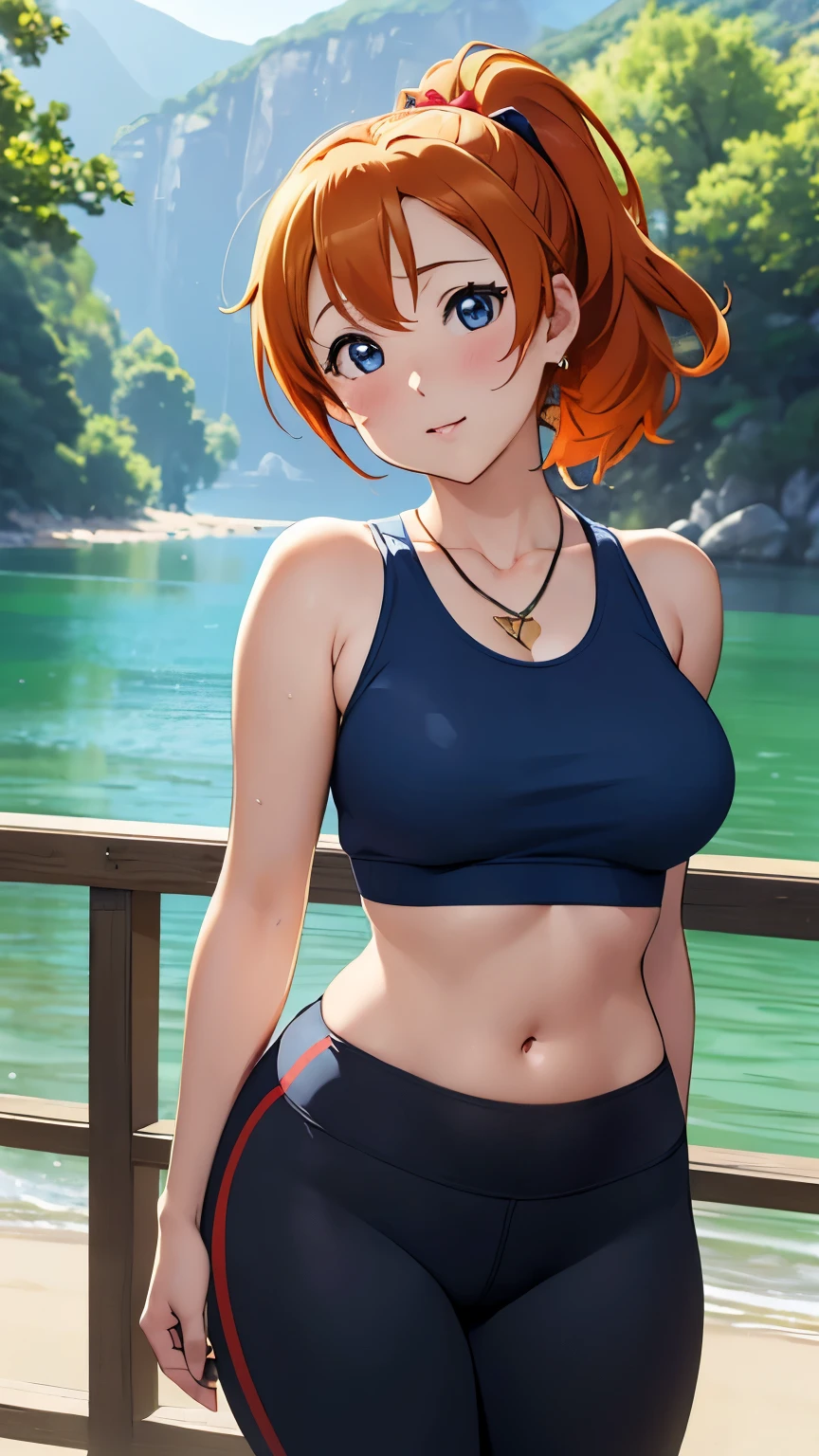 (Masterpiece, Best Quality, High quality), kousaka honoka, orange hair, low ponytail, blue eyes, illustration, beautiful, Blushing, breasts, (looking back at viewer), tank top, yoga pants, solo, curvy body, surprised, lips parted, (arms behind back, head tilt:1.1), heart pendant, perfect lighting, perfect shadows, (breathtaking scenery:1.1), tree