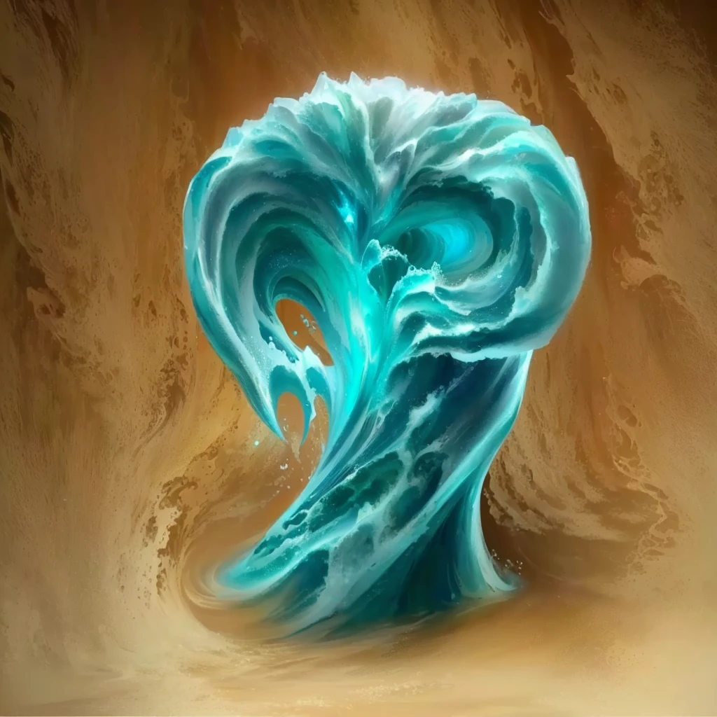 big wave picture, crashing on the ocean, on a brown background, iridescence Water elemental, Water elemental, luminous Water elemental, Water Demon, змеевидное Water Spirit, Water Spirit, Mana, flowing around him, Water element, water fists of rage, Ghost Form, Detailed swirling water tornado, ice spell, topic :&quot;Icy Wind Valley&quot;