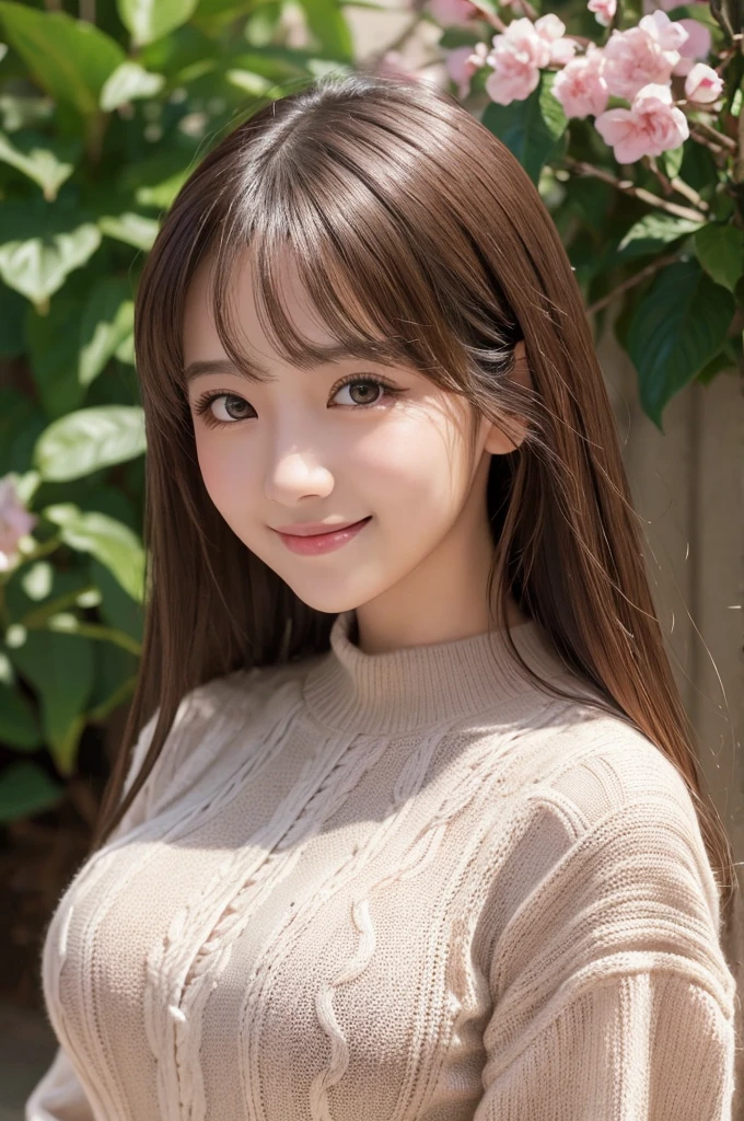masutepiece, Best Quality, Illustration, Ultra-detailed, finely detail, hight resolution, 8K Wallpaper, Perfect dynamic composition, Beautiful detailed eyes, Mocha long sleeve knit dress,Straight hair,Small breasts natural color lip, Randomly sexy poses,Smile、20 years girl、Cute、Sexy shot looking at camera,Perfect and beautiful face
