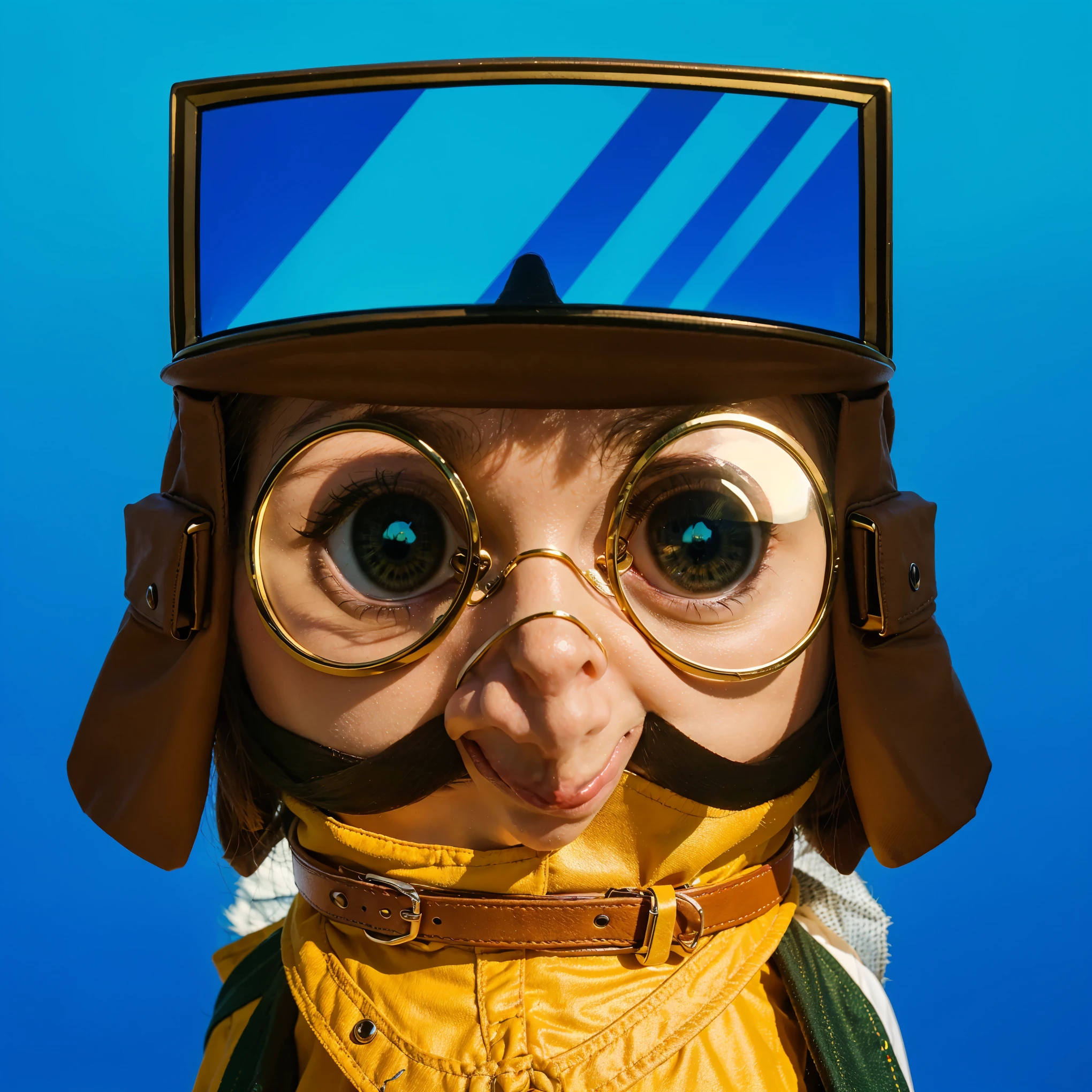 A charming cartoon bird character with large, sparkling eyes looking directly at us. The bird has a green and white face with a prominent big black beak. It wears a brown aviator's helmet with detailed straps and buckles, and large, square, reflective goggles, but these are positioned on top of the bird's head rather than being worn properly. The background is a simple, solid white, highlighting the character and adding to the adventurous feel of the image. The art style is vibrant and expressive, capturing a sense of excitement and playfulness
