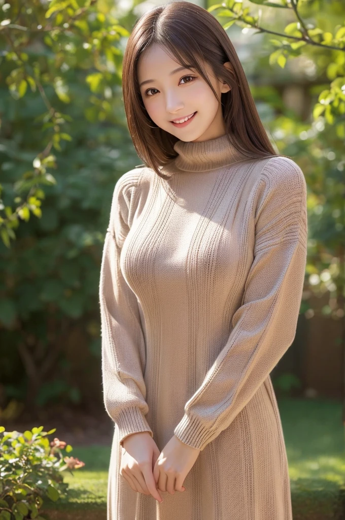 masutepiece, Best Quality, Illustration, Ultra-detailed, finely detail, hight resolution, 8K Wallpaper, Perfect dynamic composition, Beautiful detailed eyes, Mocha long sleeve knit dress,Straight hair,Small breasts natural color lip, Randomly sexy poses,Smile、20 years girl、Cute、Sexy shot looking at camera,Perfect and beautiful face