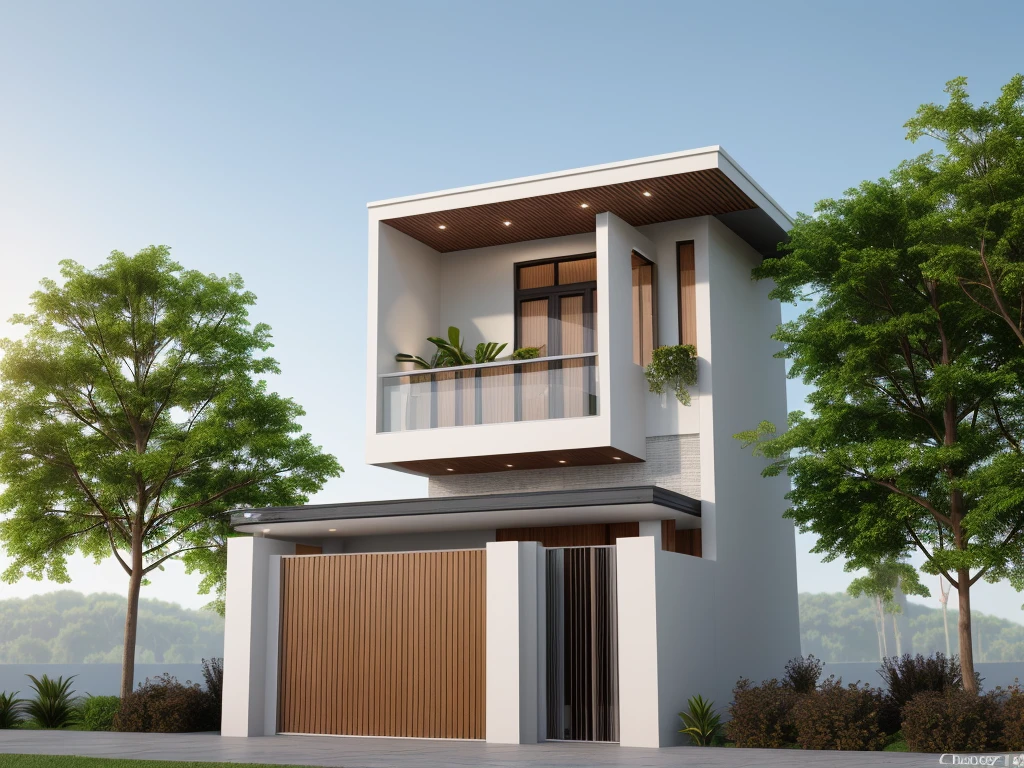 PLATFORM KTHOUSE, 1 morden villa, main material of villa about build color wall:1.2 glass panel:1.1 and stone:1.2, 1large yard, 1 road runs in front of the house, (RAW photo, real, best quality, masterpiece:1.2), look morden minimalist, blue sky :1.3, (hyper realistic, photo-realistic:1.2), high quality, (dawn lighting:1.3), perfect lighting, archdaily