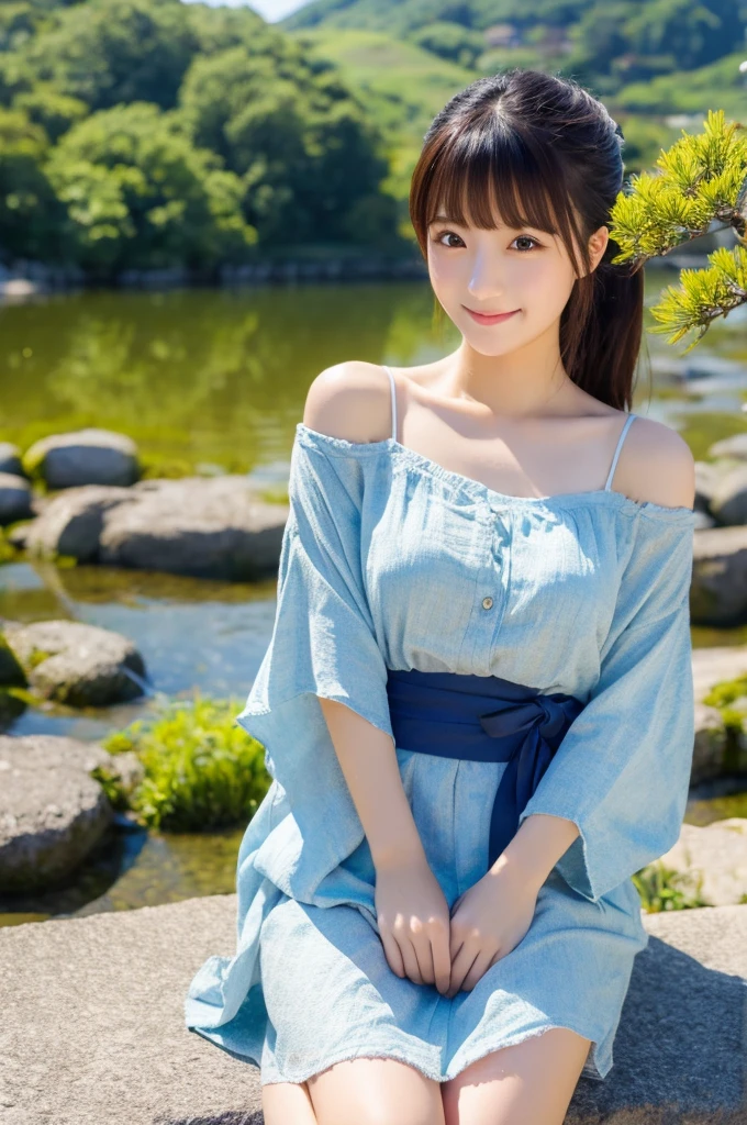20yr old, japanaese girl, Summer dress, (Face Focus) , hair scrunchie, , (High color saturation:1.0), (highlydetailed skin), (Best Quality:1.0), (超A high resolution:1.0) ,(photographrealistic:1.0), (ultra-detailliert:1.0), (8K, Raw photo:1.1), (Smile:0.7)