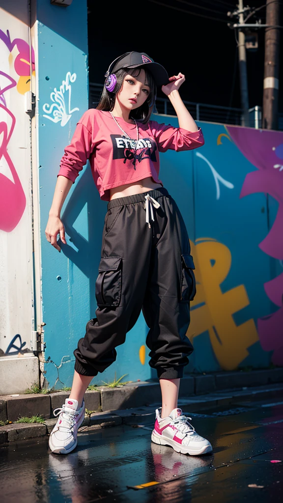 (((graffiti:1.4))),(background blurring:1.2),shibuya at night,(night_sky:1.4),(masterpiece,best quality:1.2),(8k),shiny skin,detailed skin,detailed face,detailed eyes,(steam from extractor fan:1.3),(wet road surface:1.3),1girl,(hip hop dancer:1.4),beautiful face,(Cinematic Lighting:1.3),((night:1.4)),straight_hair,(depth of field:1.2),(looking_to_the_side:1.2),looking_afar,medium breasts BREAK
(((hip-hop girl:1.3))),((cargo pants)),((high-cut sneakers:1.2)) BREAK
((Hip Hop Fashion)),(graffiti wall:1.3),(headphone:1.2),(use of colorful colors:1.3),(((leaning on the wall))),half pants,(dancing:1.2),