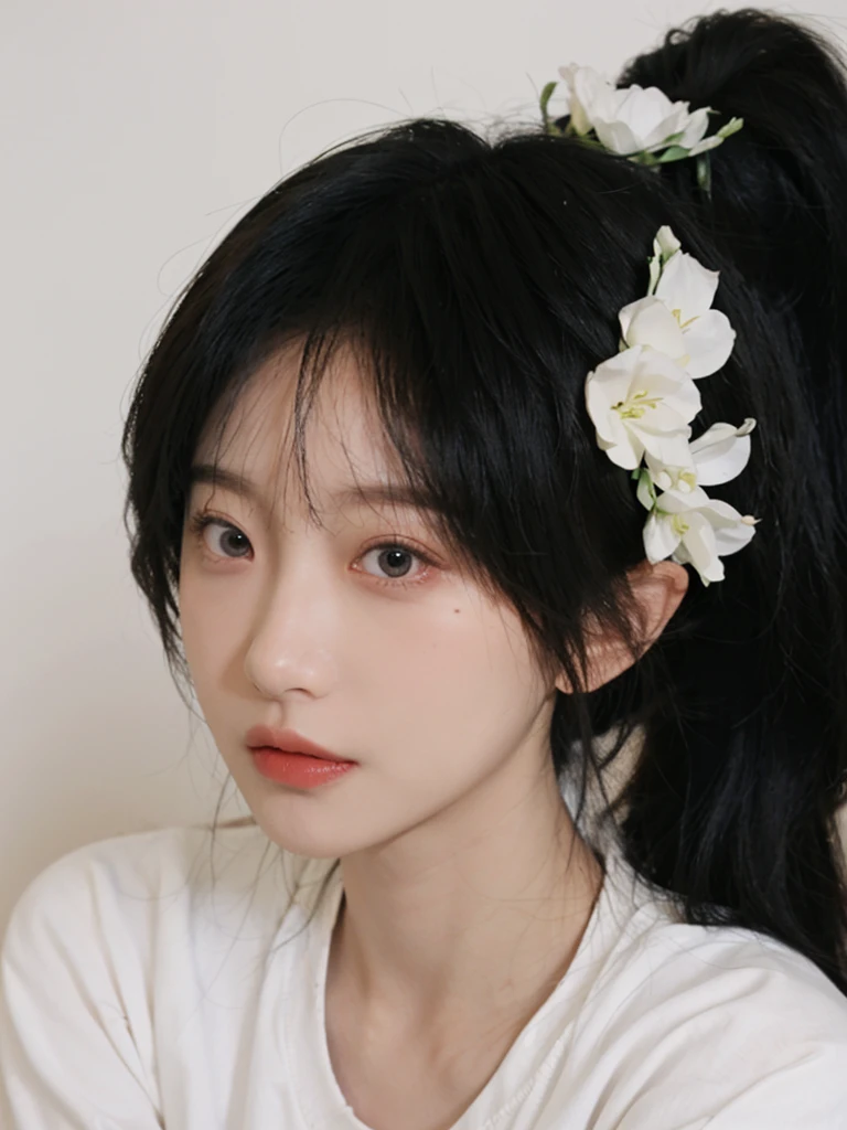 masterpiece, best picture quality, Extreme details, ultra high resolution, ultra high definition, Beautiful girl, woman, shiny skin, thin, black hair, short ponytail, 1, big eyes, beautiful eyes, lipstick, Exquisite facial features, bust, look at the viewer, t-shirt, single tone background, White background, soft light