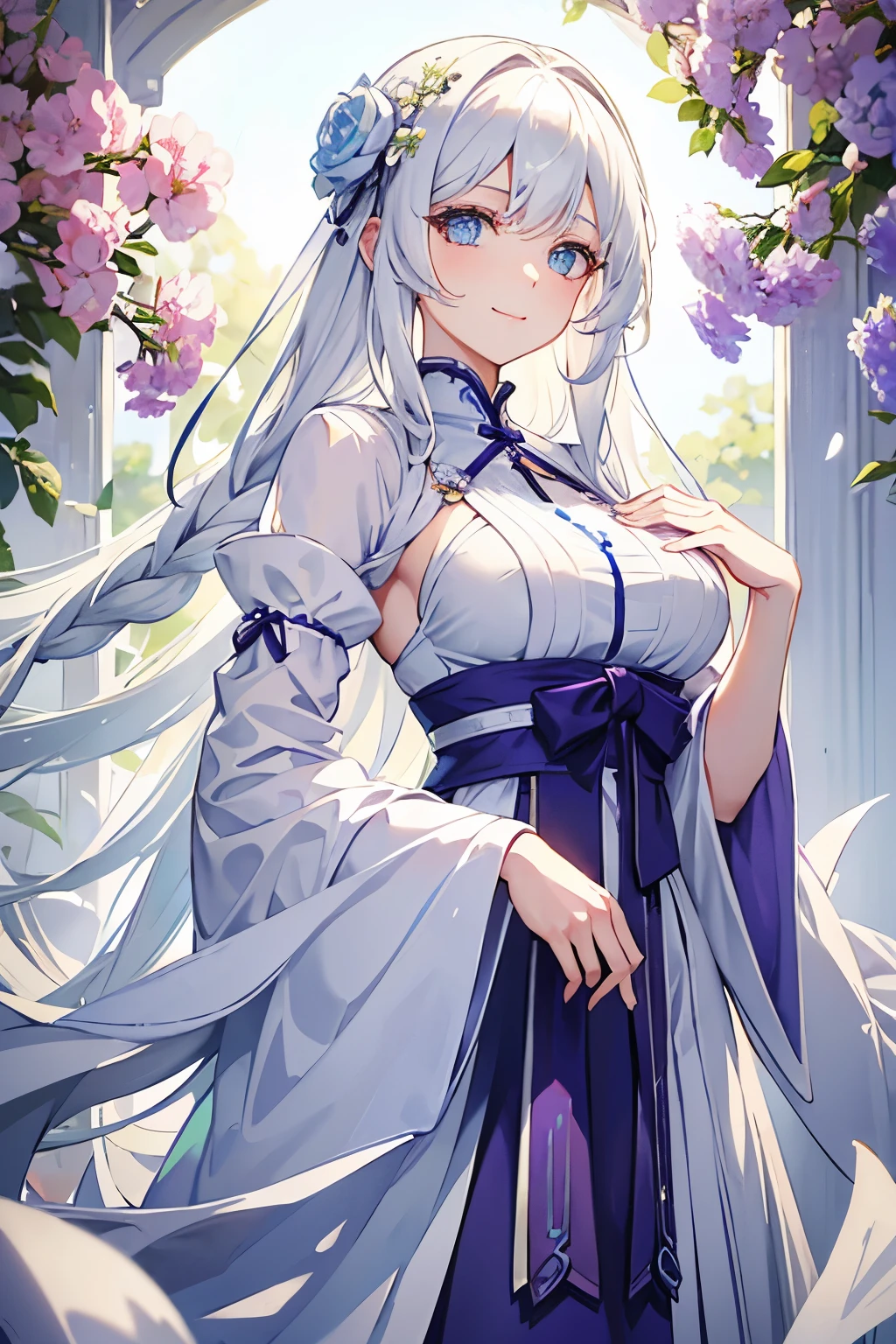 Character expressions: calm, indifferent, with wisdom in their eyes
Hairstyle and color: long silver-white hair, combed into hair, beautiful and dignified
Clothing style and color: white robe covered with lilac moire satin, with a plum blossom satin belt tied around the waist
Accessories on the figures: silver earrings, white silk headband embellished with a plum blossom, silver high heels
Character pose: smiling, gently holding the mahogany handrail with his left hand, holding a fan in his right hand, as if enjoying the beautiful scenery outside the window
The environment: gorgeous and elegant spacious room, the two sides of the room are full of tall and elegant bookcases, and the window is the beautiful view of the pavilion
Atmosphere: quiet, tasteful
Environmental features: The atmosphere in the study house is calm, and a beautiful landscape painting is hung on the wall
Ambient time: Late afternoon
Note: This female emperor sat in the study, and the clothes on her body added a bit of elegance and solemnity. Her posture is calm and calm, exuding a clear autumn atmosphere.