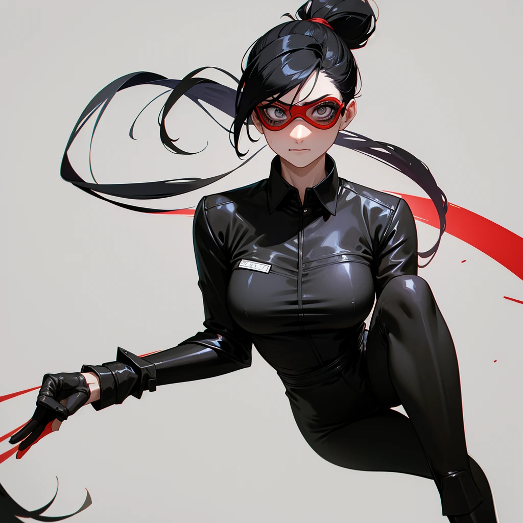 A 34-years-old villain scientist woman with black hair tied in a ponytail and a skinny. There is a scar on the right side of her face. She wears goggles with bright red lenses. She wears a black leather gown and black leather gloves. Under the shirt is a long-sleeved gray shirt and black straight-legged pants. She has hawk-like eyes.
