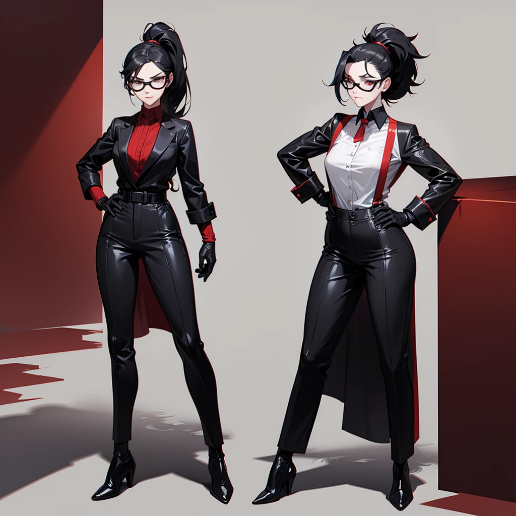 A 34-years-old villain scientist woman with black hair tied in a ponytail and a skinny. There is a scar on the right side of her face. She wears goggles with bright red lenses. She wears a black leather gown and black leather gloves. Under the shirt is a long-sleeved gray shirt and black straight-legged pants. She has hawk-like eyes.