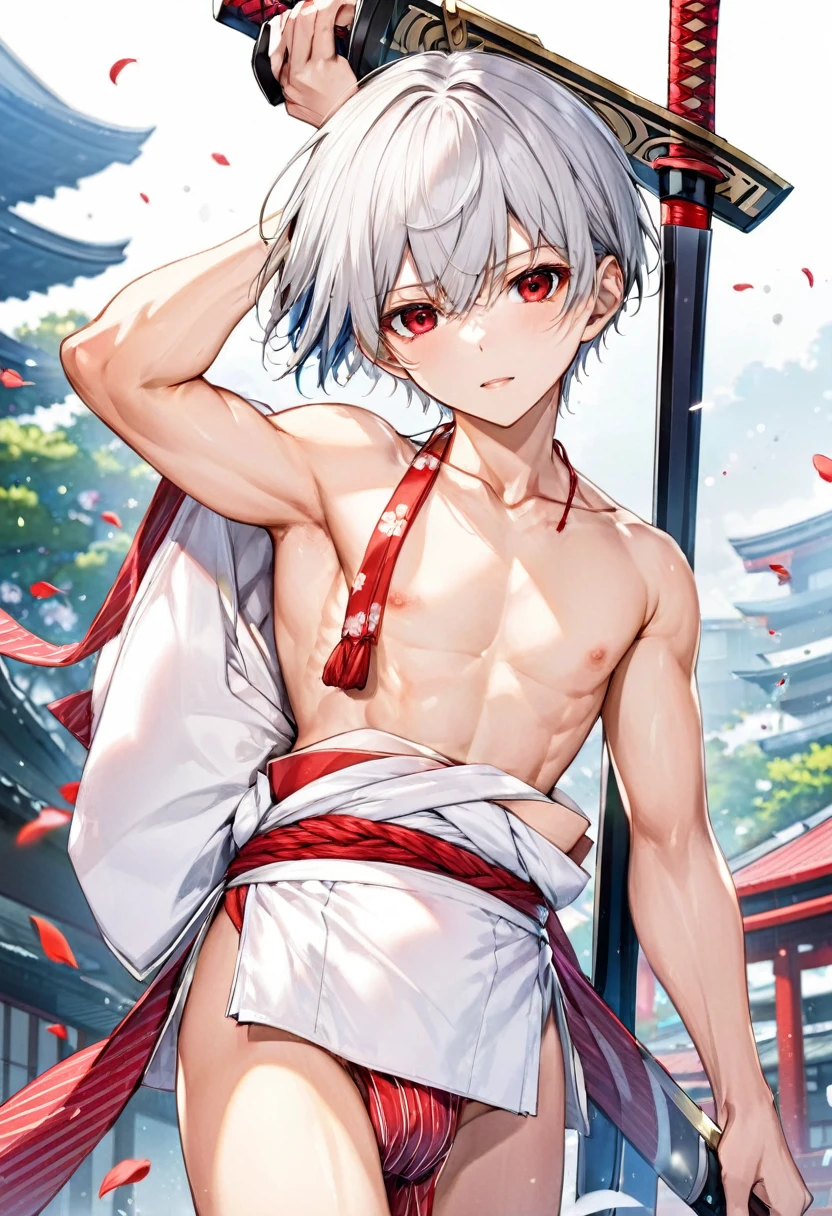 (japanese festival style) ( yo, solo crew cut silver hair very short hair divine sword fighter boy, detailed cool red eyes, serious face, flat chest), (in a japanese fundoshi:1.4), break, (in the Hakata Yamakasa), BREAK, perfect anatomy, masterpiece, best quality, 16k, beautiful detailed grow, daydreaming expression.