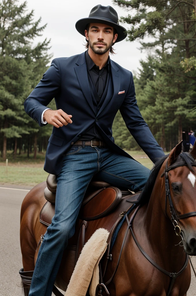  a handsome man wearing a hat and  
Riding hours