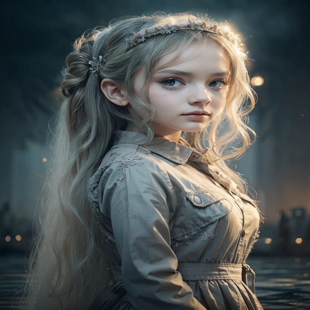 masterpiece,best quality, illustration,{beautiful detailed girl},beautiful detailed glow,(flames of war:1.2),(nuclear explosion behide:1.3),rain,detailed lighting,detailed water,(beautiful detailed eyes:1.1),expressionless,palace,azure hair,disheveled hair,long bangs,hairs between eyes,(whitegrey dress:1.1),black ribbon,white bowties,midriff,big forhead,blank stare,flower,long sleeves