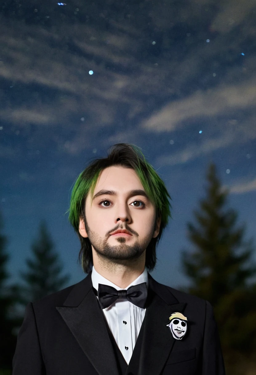 daughter, Beetlejuice, Japanese cartoons, Comic Style, alex brightman Starring as Beetlejuice,1 boy, aurora, beard, black bow, black bowtie, bow, bowtie, beard, formal, Green Eyes, Green Hair, Male focus, beard, night, night Sky, Practical, shooting Star, Sky, Solitary, space, spark, Star (Sky), Starry Sky, Set, Tuxedo, Wallop, Gu Weiss, daughter