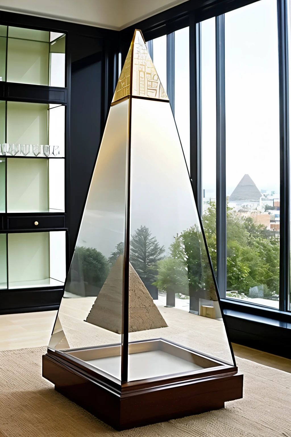 ((best quality)), ((masterpiece)), (detailed), 1. Pyramid，Transparent glass，Pyramid showcase，Showroom
