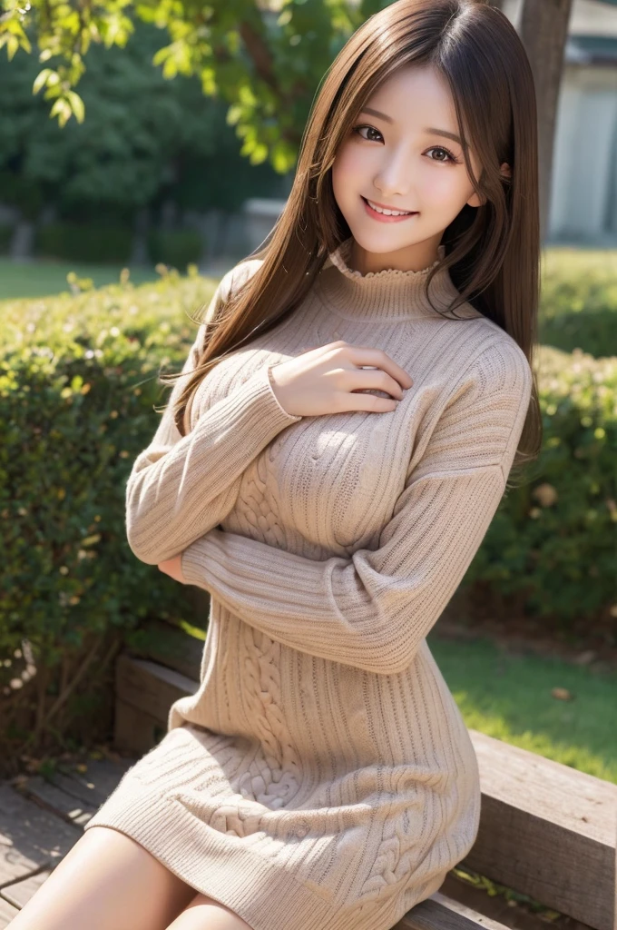 masutepiece, Best Quality, Illustration, Ultra-detailed, finely detail, hight resolution, 8K Wallpaper, Perfect dynamic composition, Beautiful detailed eyes, Mocha long sleeve knit dress,Straight hair,Small  natural color lip, Randomly  poses,Smile、20 years girl、Cute、Sexy shot looking at camera,Perfect and beautiful face
