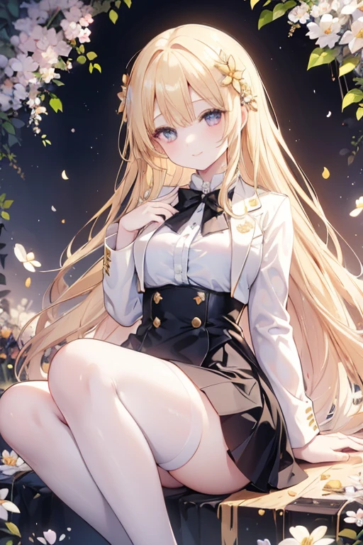 young girl, golden blonde hair, reddish gold eyes, beautiful and detailed eyes, wide happy smile, ideal chest,black mini skirt, white shirt, black blazer, black stockings, flower hair ornament, (in the flower garden)