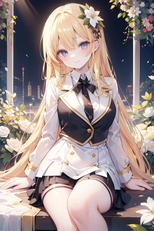 young girl, golden blonde hair, reddish gold eyes, beautiful and detailed eyes, wide happy smile, ideal chest,black mini skirt, white shirt, black blazer, black stockings, flower hair ornament, (in the flower garden)