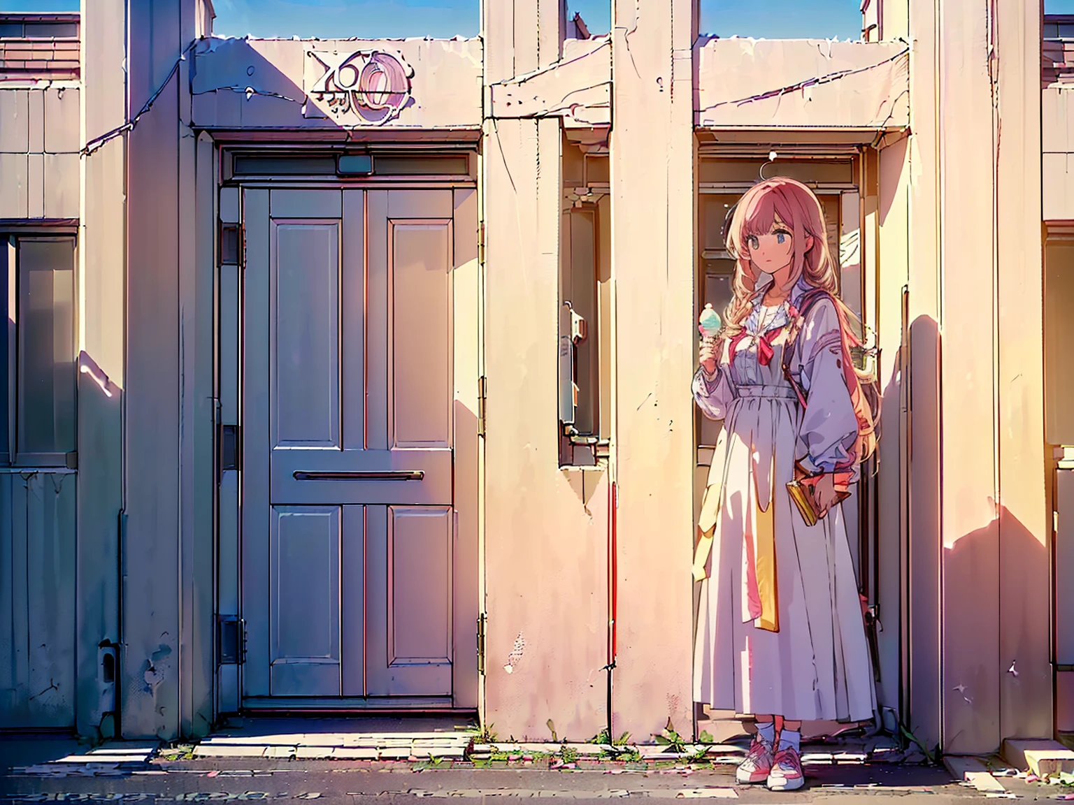 1. (A 20-year-old girl with long pink hair wearing a white dress: 1.5)
(Standing at the bustling university school gate: 1.6)
(Holding a phone in one hand and eating an ice cream in the other: 1.6)
(Happy face, open mouth: 1.8)
(During the day, the scene is bright: 1.8)
(Full body display: 1.5)