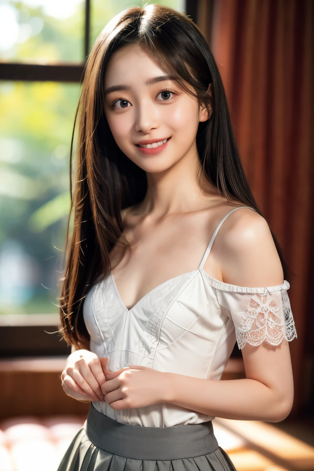 (realistic, photo-realistic:1.4), (best quality,masterpiece:1.2), RAW photo,high resolution,intricate details, extremely detailed, insanely detailed, soft light, cinematic lighting, (portrait, upper body, frontal photography:1.5), solo,1girl, a 19 years old Japanese female idol, (shirt, skirt, collarbone), (smaller breasts, tiny breasts, flat chest, poor size bust:1.7), (smaller face:1.4),detailed face, beautiful detailed eyes, symmetrical eyes, pale skin, fine-textured skin,dark hair,(straight hair, forehead:1.3), (cheerful grin, smile, parted lips), photo background,indoors,depth of field,,[Nagi Inoue, Nogizaka46 5th generation],