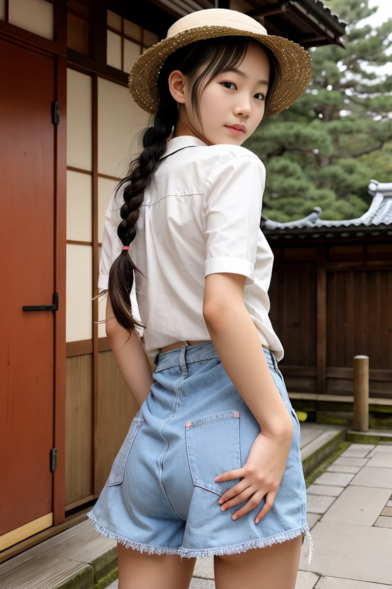 Cute 18 year old Japan, With braided hair and a traditional hat, Stick your ass out,