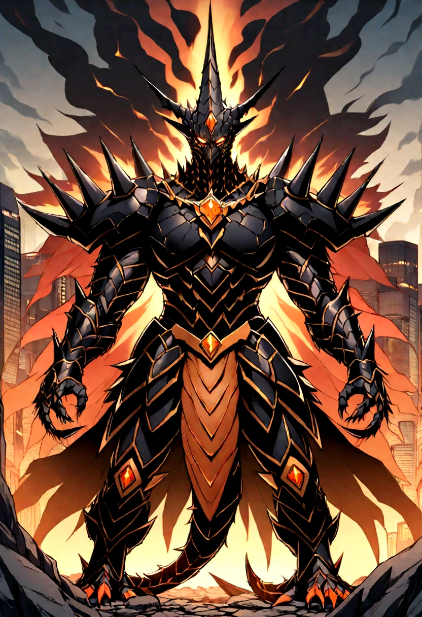 Original Kaiju armor form of a human, sharp, obsidian-like plates that overlap like armor, Elongated and somewhat reptilian head, with a pronounced crest of jagged obsidian spikes running from the forehead to the back of the neck. Four glowing, amber eyes are set deep in the skulls, arms with massive claws and blades, feet have three large, taloned toes, A long, whip-like tail ending in a mace-like cluster of obsidian spike, orange lines and aura in between armor. HD. city background destroyed