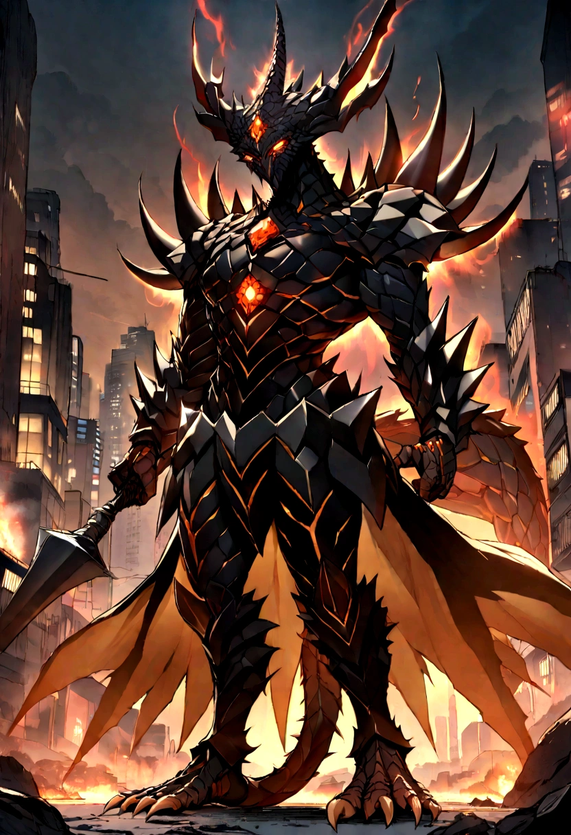 Original Kaiju armor form of a human, sharp, obsidian-like plates that overlap like armor, Elongated and somewhat reptilian head, with a pronounced crest of jagged obsidian spikes running from the forehead to the back of the neck. Four glowing, amber eyes are set deep in the skulls, arms with massive claws and blades, feet have three large, taloned toes, A long, whip-like tail ending in a mace-like cluster of obsidian spike, orange lines and aura in between armor. HD. city background destroyed