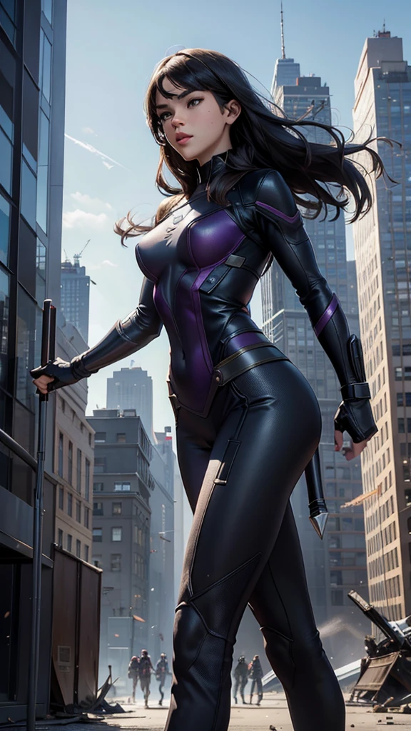 Kate Bishop, a young sexy woman with Hailee Steinfeld's face, skinny body, powerful, beautiful, marvel avenger, wearing a classic sexy superhero suit, ella esta disparando con su arco y flecha, fighting in a battle against an alien invasion in new york city with tall buildings and the avengers tower in the background, explosions and destruction all around, highly realistic, 4k, maximum detail, photorealistic