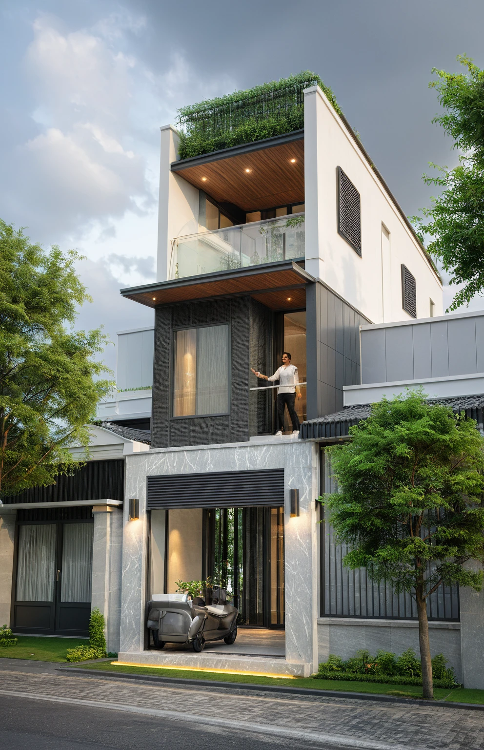modern villa on street, (overcast lighting:1.2), tropical tree, vivid color, streetcapes, nice sky, grey and wwhite tone, (large glass door:1.2), warm interior lighting, modern material, best quality, ultra realistic, masterpiece, 17ArchiAI_XL_VL-v1