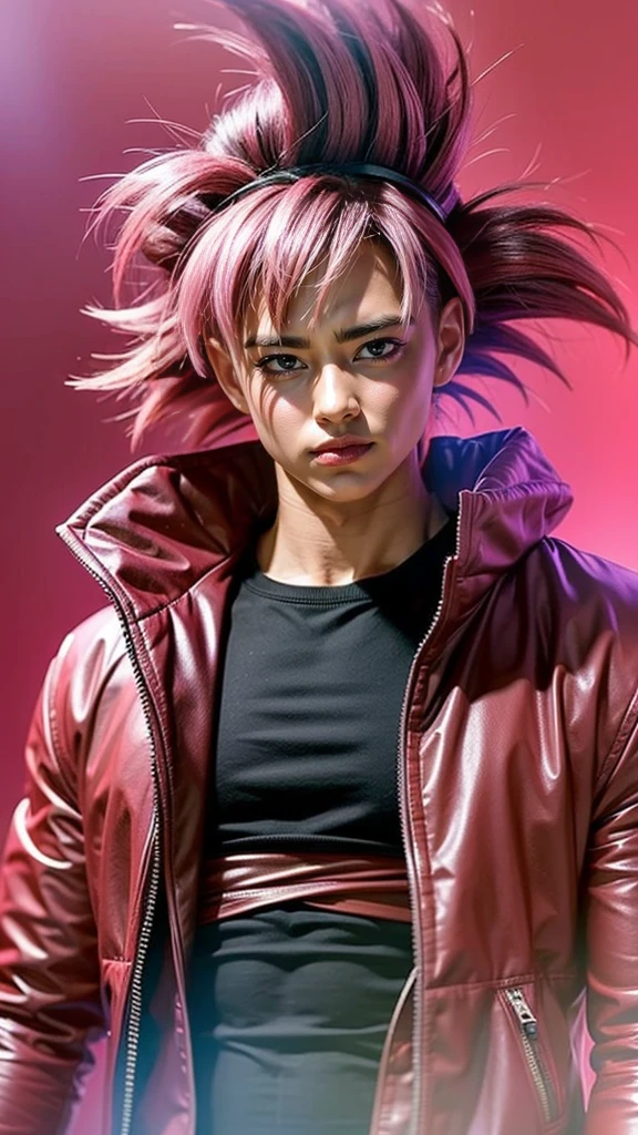 ((masterpiece, best quality)),(complex light), 1boy,man,solo,upper body, goku black,pink hair,pink eyes, destroyed debris background,red aura, cinematic