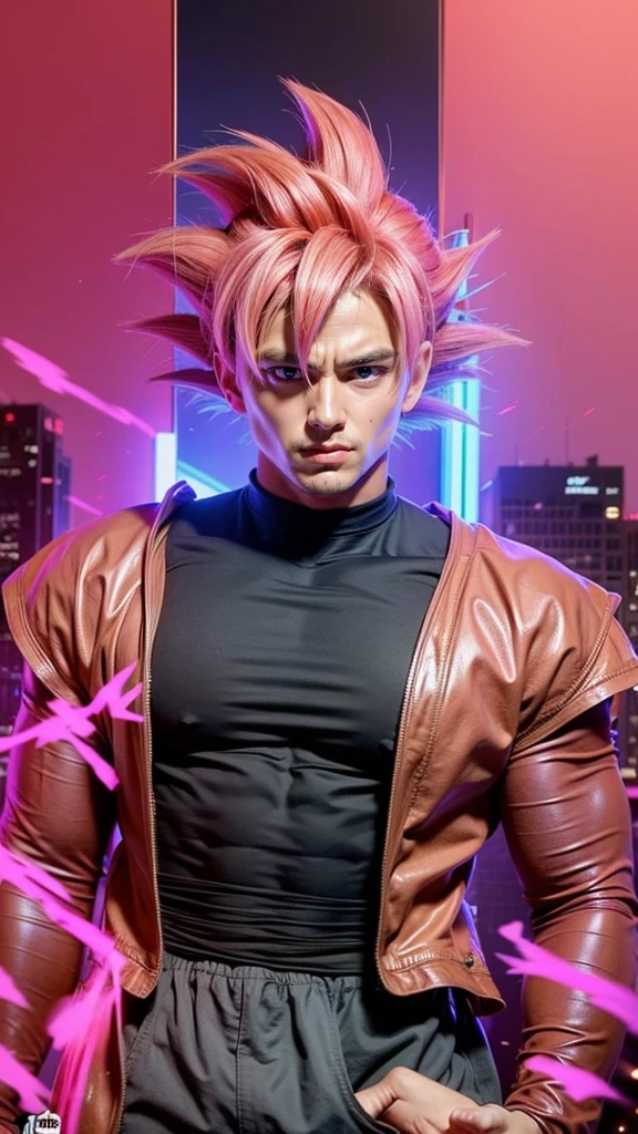 ((masterpiece, best quality)),(complex light), 1boy,solo,upper body, goku black,pink hair,pink eyes, destroyed debris background,red aura, cinematic