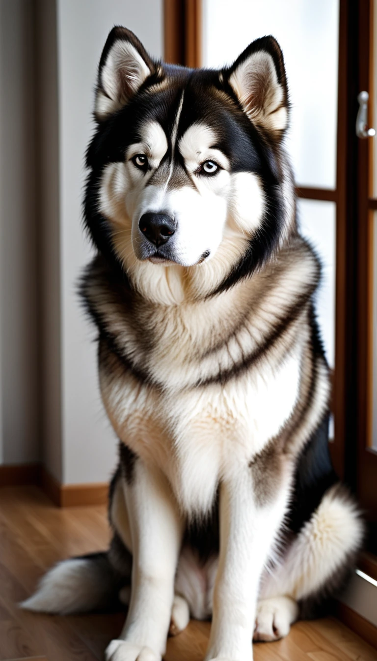 There is no one, realistic photo, photo realism, realism, Alaskan Malamute (Alaskan Malamute), perfect composition, intricate details, Very sharp, masterpiece, profile, high resolution, looking at the viewer, Full body photo in a comfortable atmosphere indoors