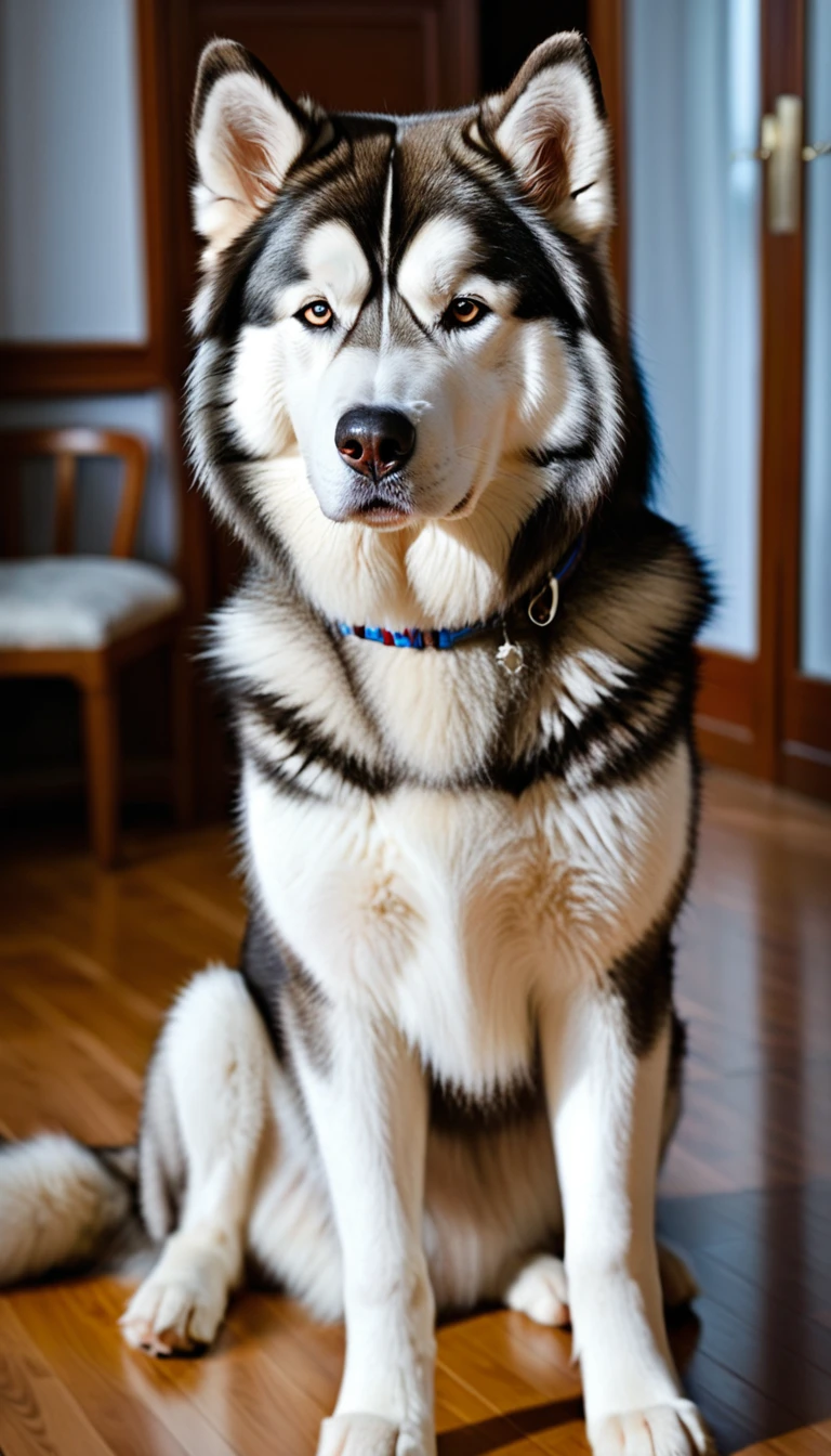 There is no one, realistic photo, photo realism, realism, Alaskan Malamute (Alaskan Malamute), perfect composition, intricate details, Very sharp, masterpiece, profile, high resolution, looking at the viewer, Full body photo in a comfortable atmosphere indoors