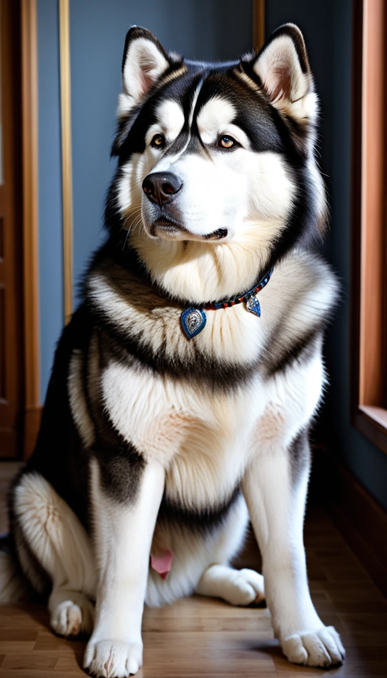 There is no one, realistic photo, photo realism, realism, Alaskan Malamute (Alaskan Malamute), perfect composition, intricate details, Very sharp, masterpiece, profile, high resolution, looking at the viewer, Full body photo in a comfortable atmosphere indoors