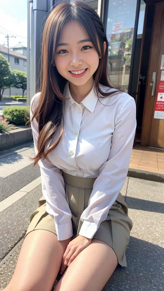 Raw photo、Ultra-realistic、Ultra detailed face、Detail lips、Detailed eyes、High school girl smiling showing her teeth、Long Hair:1.1、chest、Visible curves、Laughing with your mouth open 、Tokyo city角、 Whole body、( Slender body)、(Long Hair)、Big Breasts、Idol、(pastel colour)、18-year-old、Small face、Braid、 Tokyo city、Long beautiful legs 1.2、Curved waist、flower、uniform、blouse、Wide forehead