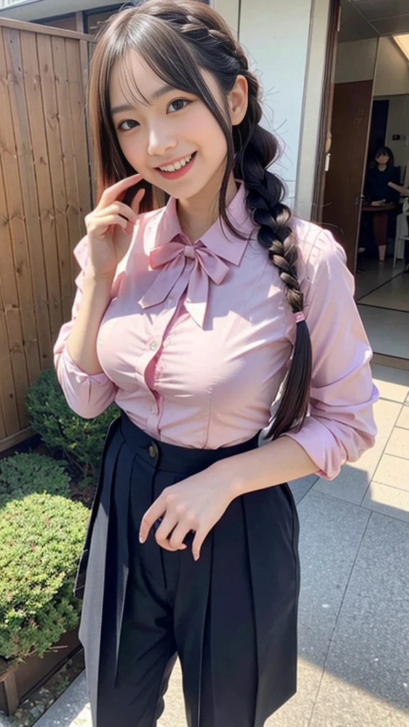 Raw photo、Ultra-realistic、Ultra detailed face、Detail lips、Detailed eyes、High school girl smiling showing her teeth、Long Hair:1.1、chest、Visible curves、Laughing with your mouth open 、Tokyo city角、 Whole body、( Slender body)、(Long Hair)、Big Breasts、Idol、(pastel colour)、18-year-old、Small face、Braid、 Tokyo city、Long beautiful legs 1.2、Curved waist、flower、uniform、blouse