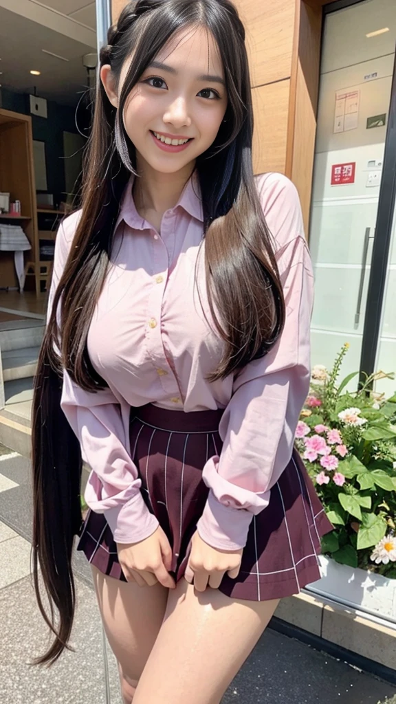 Raw photo、Ultra-realistic、Ultra detailed face、Detail lips、Detailed eyes、High school girl smiling showing her teeth、Long Hair:1.1、chest、Visible curves、Laughing with your mouth open 、Tokyo city角、 Whole body、( Slender body)、(Long Hair)、Big Breasts、Idol、(pastel colour)、18-year-old、Small face、Braid、 Tokyo city、Long beautiful legs 1.2、Curved waist、flower、uniform、blouse