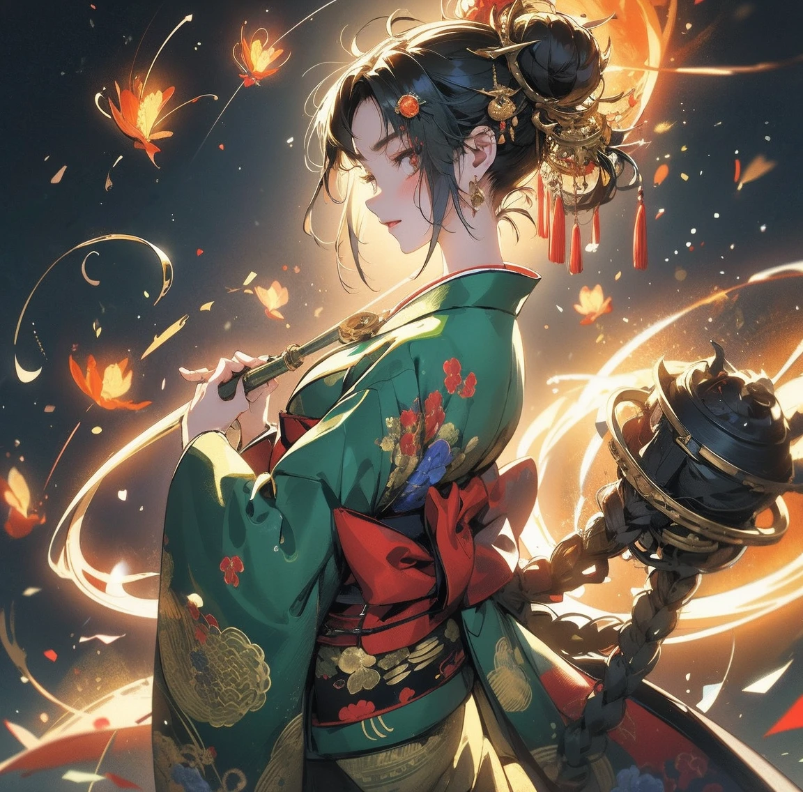 1 person、Green gorgeous kimono、,race,Black Hair、Short bun hair、hair ornaments、necklace、back、Golden devil horns、Anatomically correct,Fireworks in the night sky、