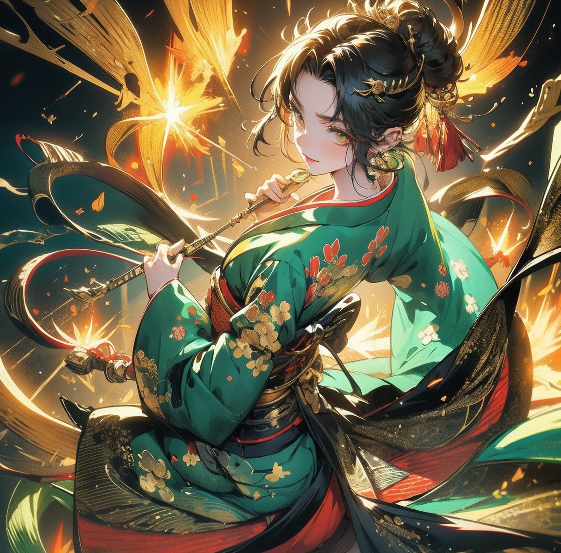 1 person、Green gorgeous kimono、,race,Black Hair、Short bun hair、hair ornaments、necklace、back、Golden devil horns、Anatomically correct,Fireworks in the night sky、