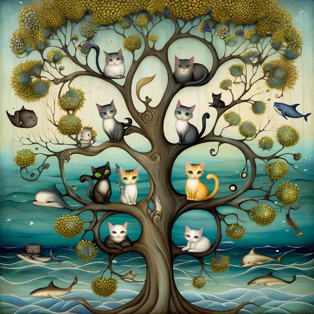 a beautiful patchwork of Some cats curling on the branches of an old tree, Seascape background, beach, whales. style Klimt, Nicoletta Ceccoli, Naoto Hattori, Lawrence Didier, Leonora Carrington