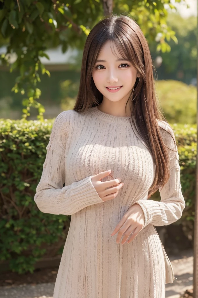 masutepiece, Best Quality, Illustration, Ultra-detailed, finely detail, hight resolution, 8K Wallpaper, Perfect dynamic composition, Beautiful detailed eyes, Mocha long sleeve knit dress,Straight hair,Small breasts natural color lip, Randomly sexy poses,Smile、20 years girl、Cute、Sexy shot looking at camera,Perfect and beautiful face