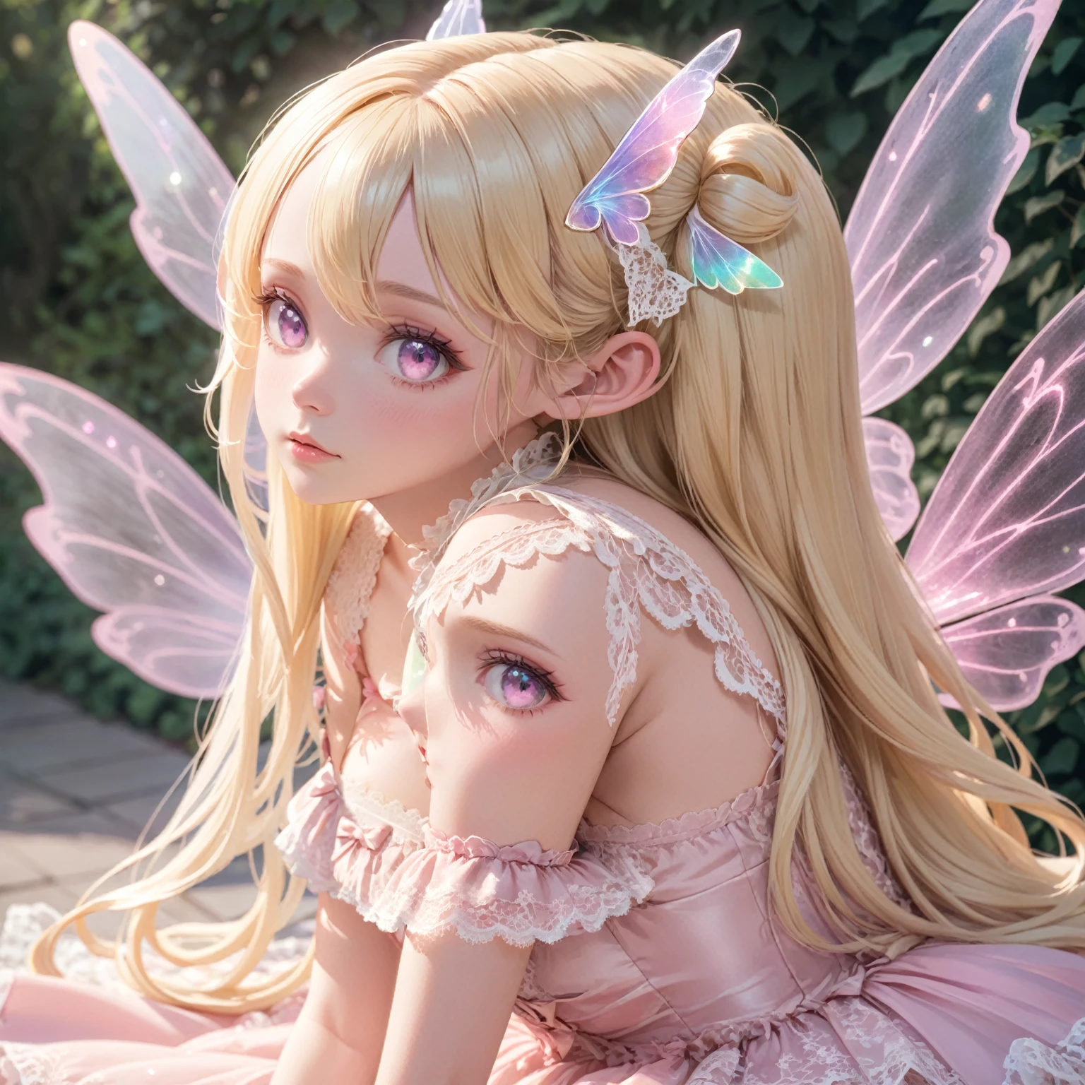 highres, best quality, girl, 1girl, fairy girl, iridescent fairy wings, blonde hair, blurry background, blush, half up hairdo, depth of field, hair between eyes, long hair, looking at viewer, parted lips, lace lolita dress, solo, pink tones, photo from head to knees,
